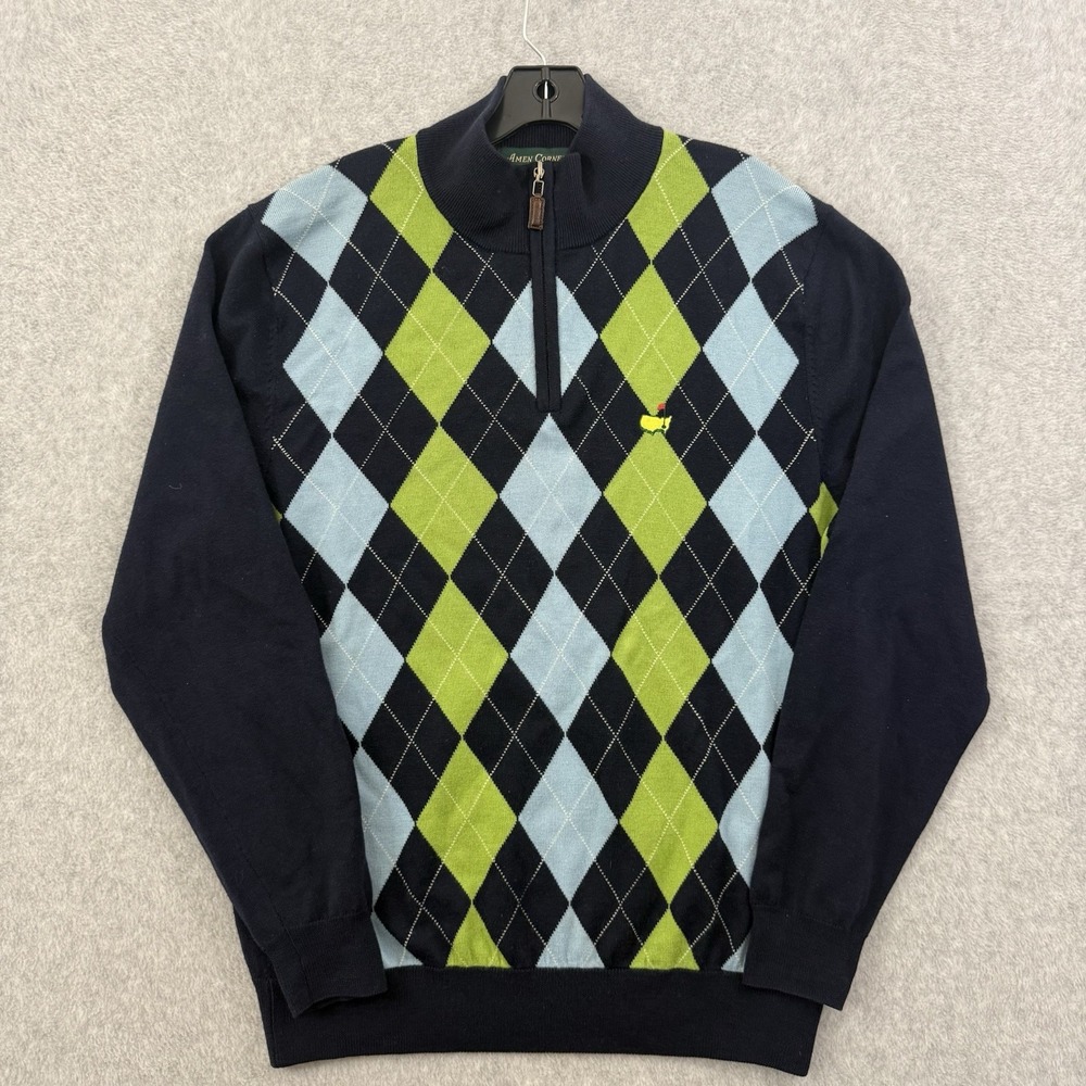 Masters Sweater Men L Blue Amen Corner Wool 1/4 Zip Argyle Augusta National